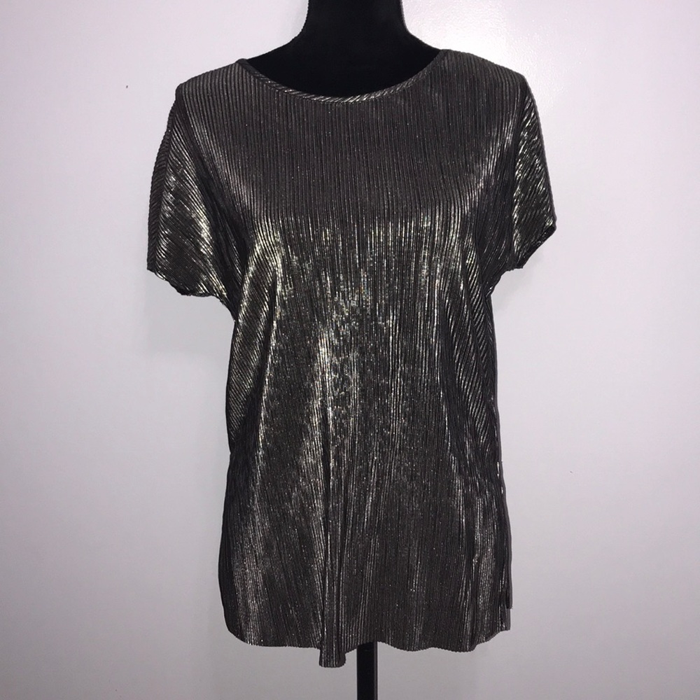 Silver Metallic Cap Sleeve Pleated Blouse S